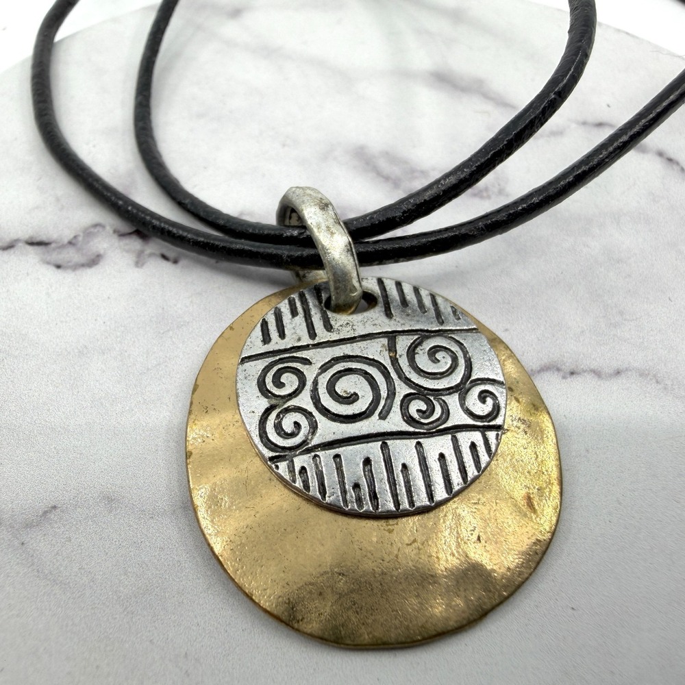 Boho Artisan Mixed Metal Pendant Necklace Black Cord Tribal Design Y2K Gift